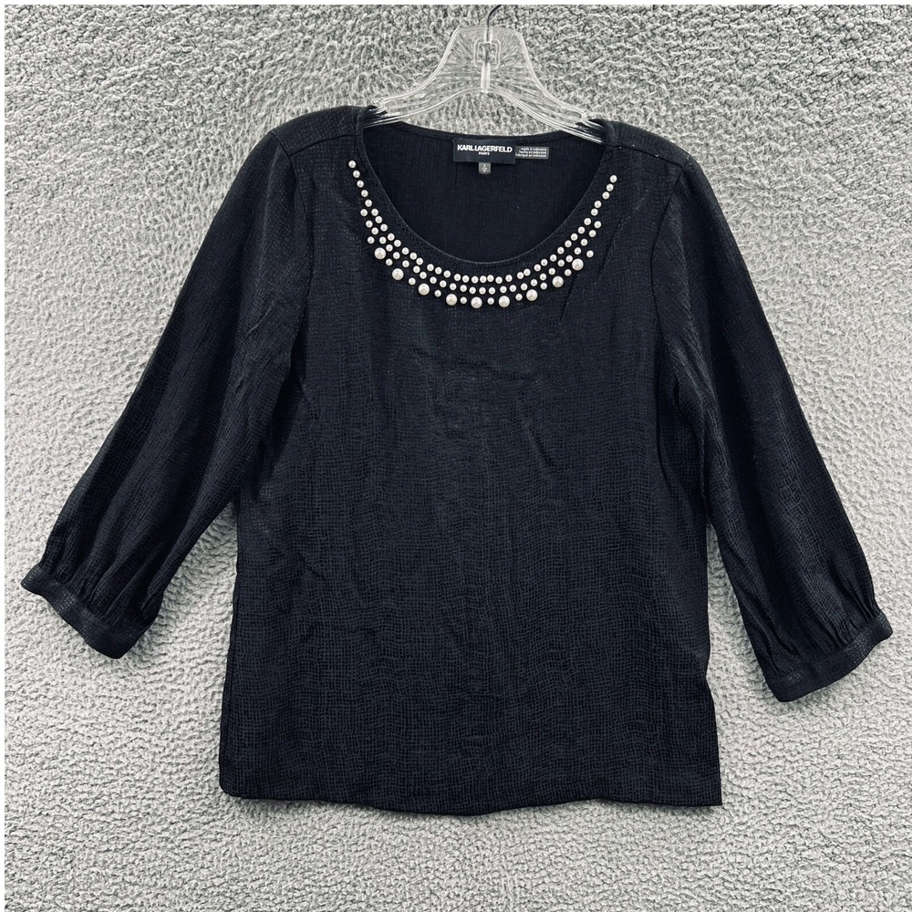 Karl Lagerfeld Womens Top Small Black Textured Pearl Embellished Elegant Evening